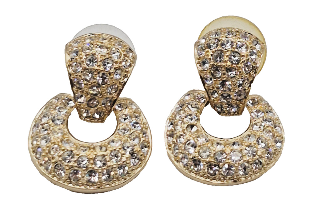 Vintage 1980s Roman Gold Tone Door knocker Stud Earrings Pave Crystal